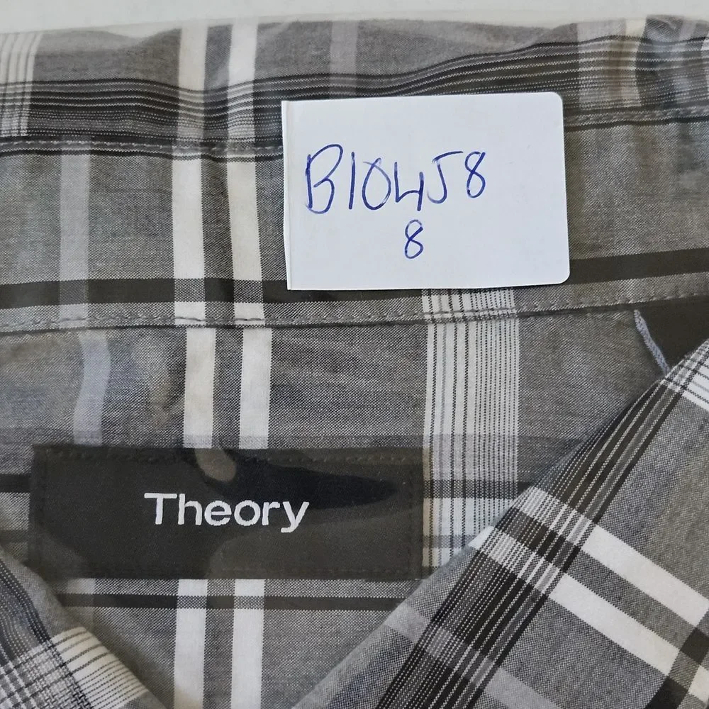 Theory Shirt Mens XL Black Grey Plaid Long Sleeve Button Up Cotton Preppy Office
